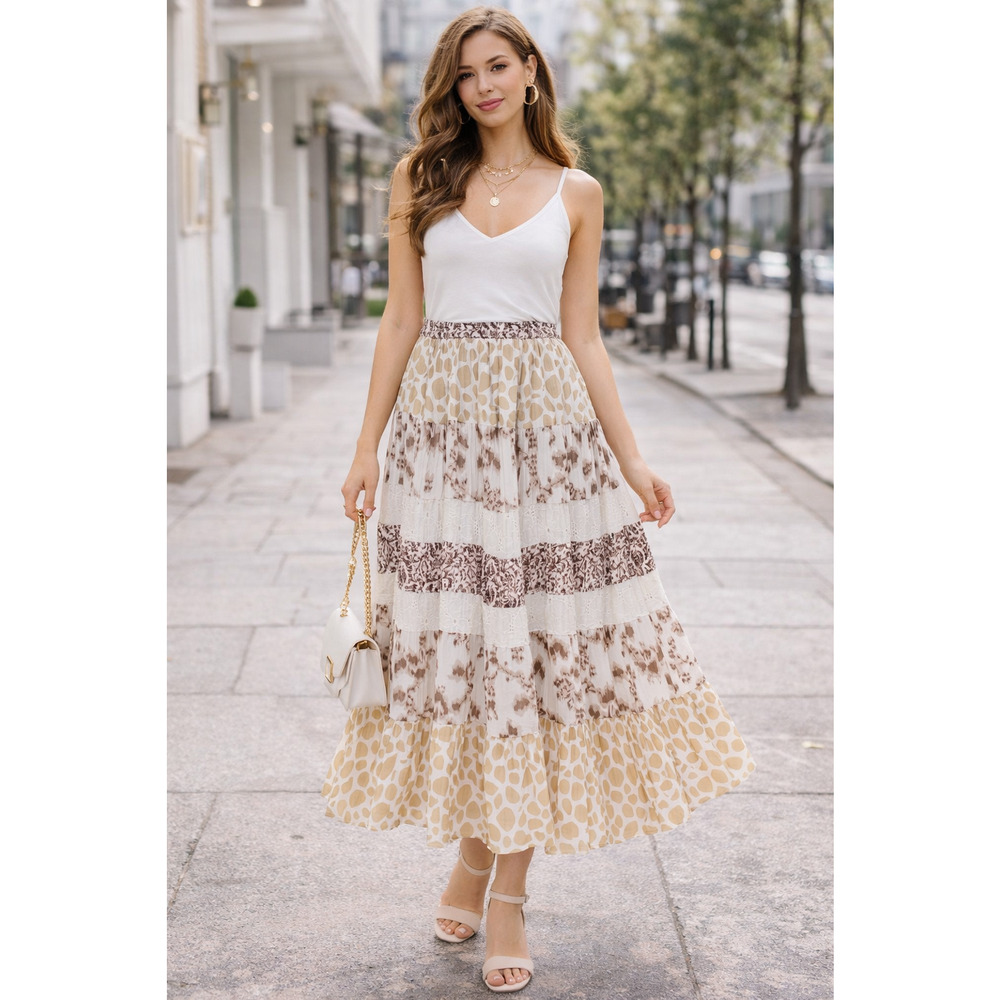 Ny Collection Boho Tired Beige Animal Print Maxi Skirt Sz MP Flowy Chic Prairie